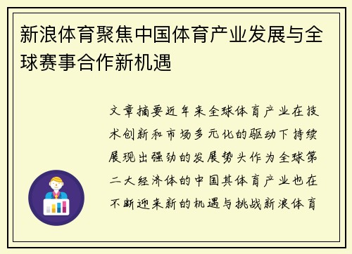 新浪体育聚焦中国体育产业发展与全球赛事合作新机遇